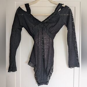 Aerie Black Lace Cold Shoulder Bodysuit - Size Large